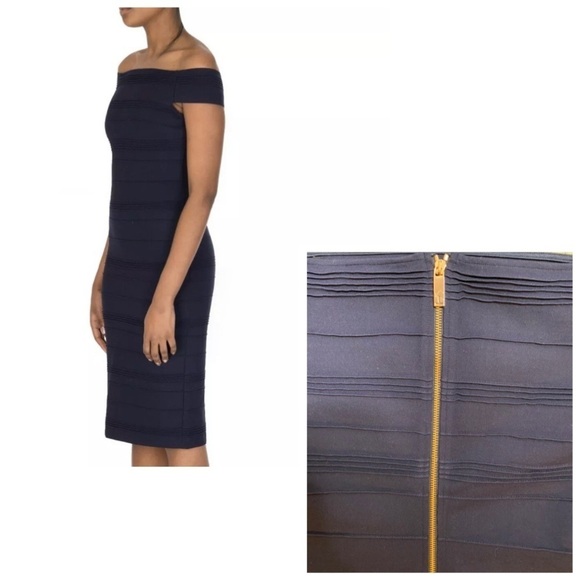 TED Baker London Stripe Texture Bardot Dress Off Shoulder Bodycon Bandage Dress - Picture 8 of 11